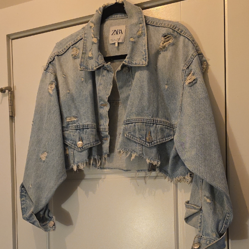 Zara Distressed Light Blue Jean Jacket